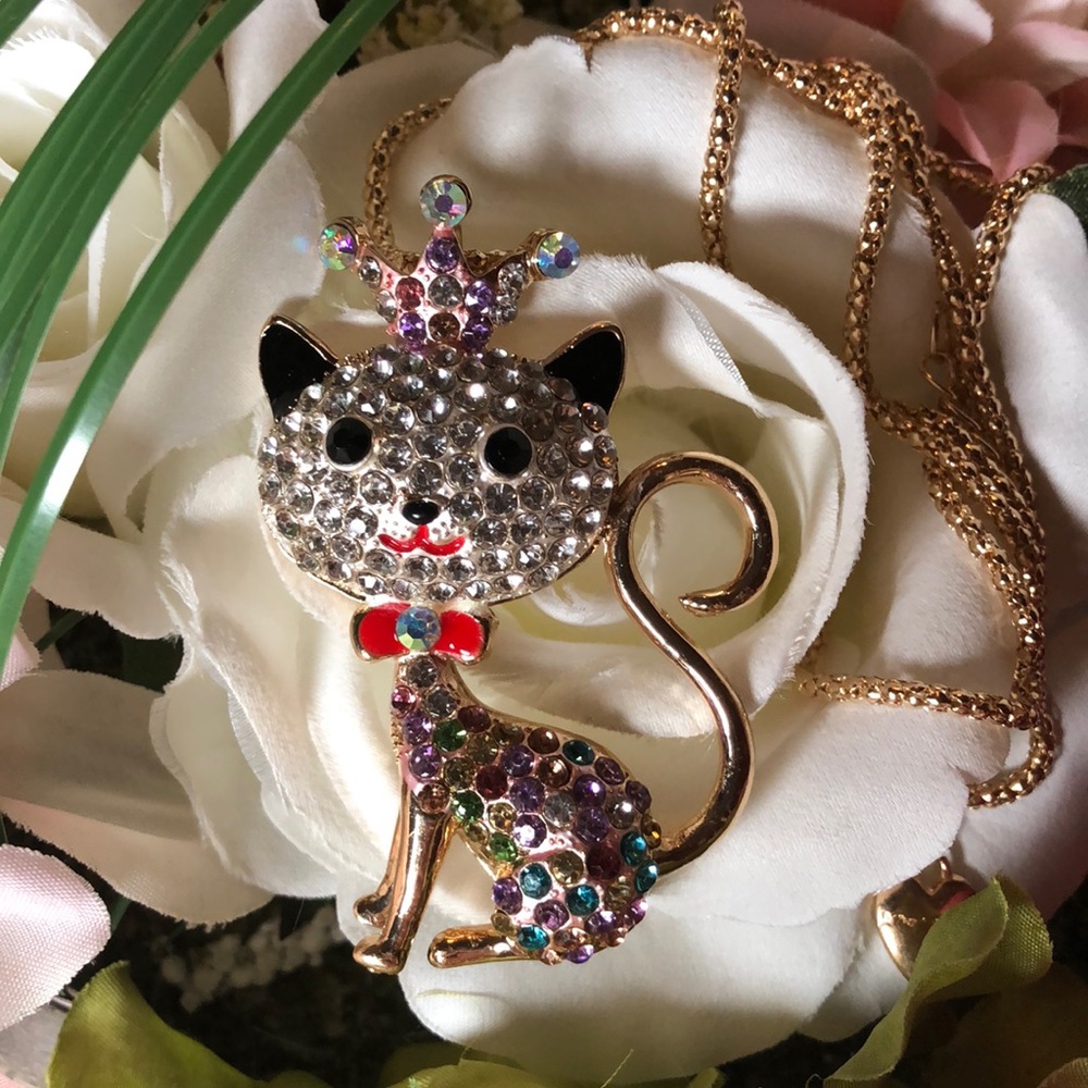 Betsey Johnson rhinestone cat necklace/jewelry
